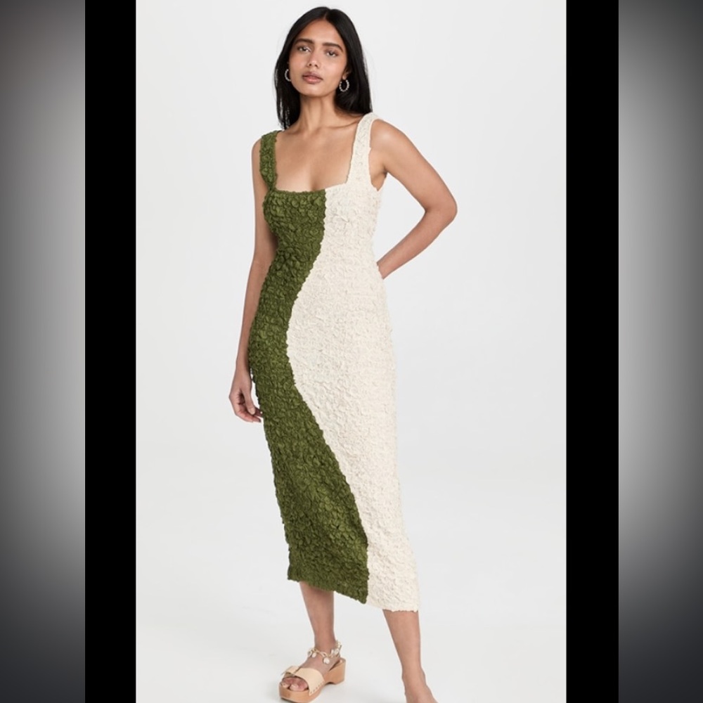 Mara Hoffman Olive Green & Cream Textured Midi Dress